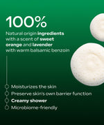 A graphic for the Weleda skin food shower cream available at Babipur showing the ingredients list and benefits