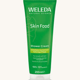 Weleda skin food shower cream available at Babipur. A 200ml green bottle with brand logo o the top