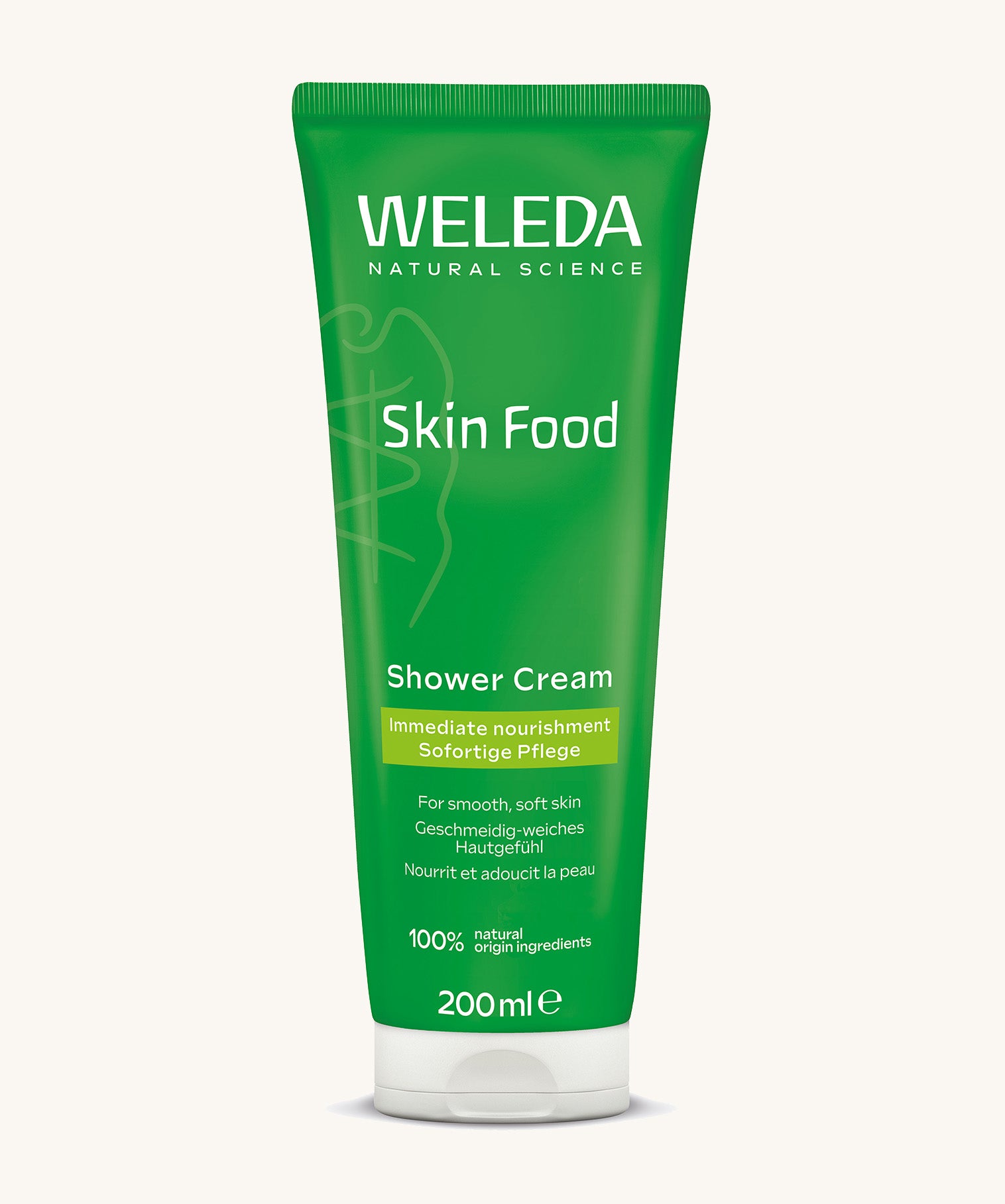 Weleda skin food shower cream available at Babipur. A 200ml green bottle with brand logo o the top
