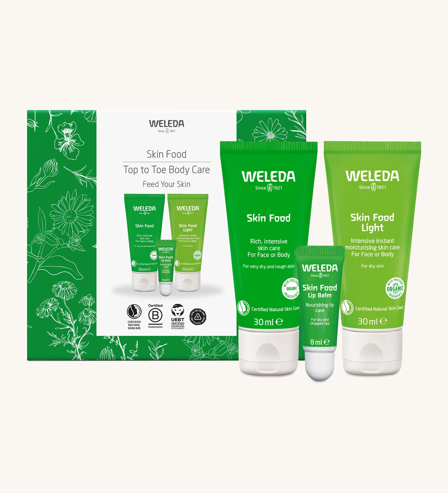 Weleda skin food top to toe gift set. A Weleda gift set that includes the Skin Food + light body care nourishing cleansing cream and lip balm. Weleda have a range of luxurious, natural skin care items available at Babipur. 