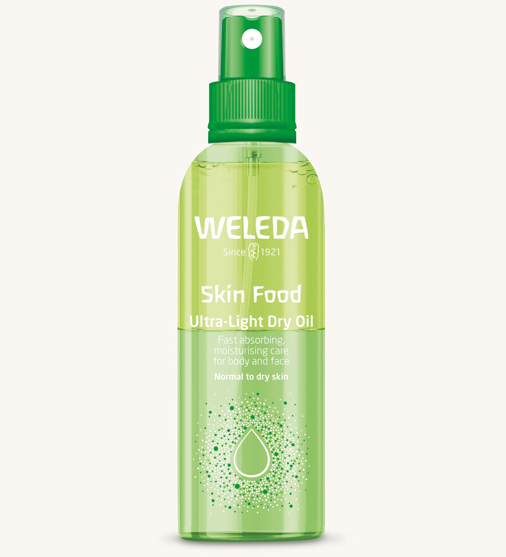 Weleda Skin Food Ultra-Light Skin Food Dry Oil 100ml available at Babipur. This comes in a clear green bottle with a spray dispenser 
