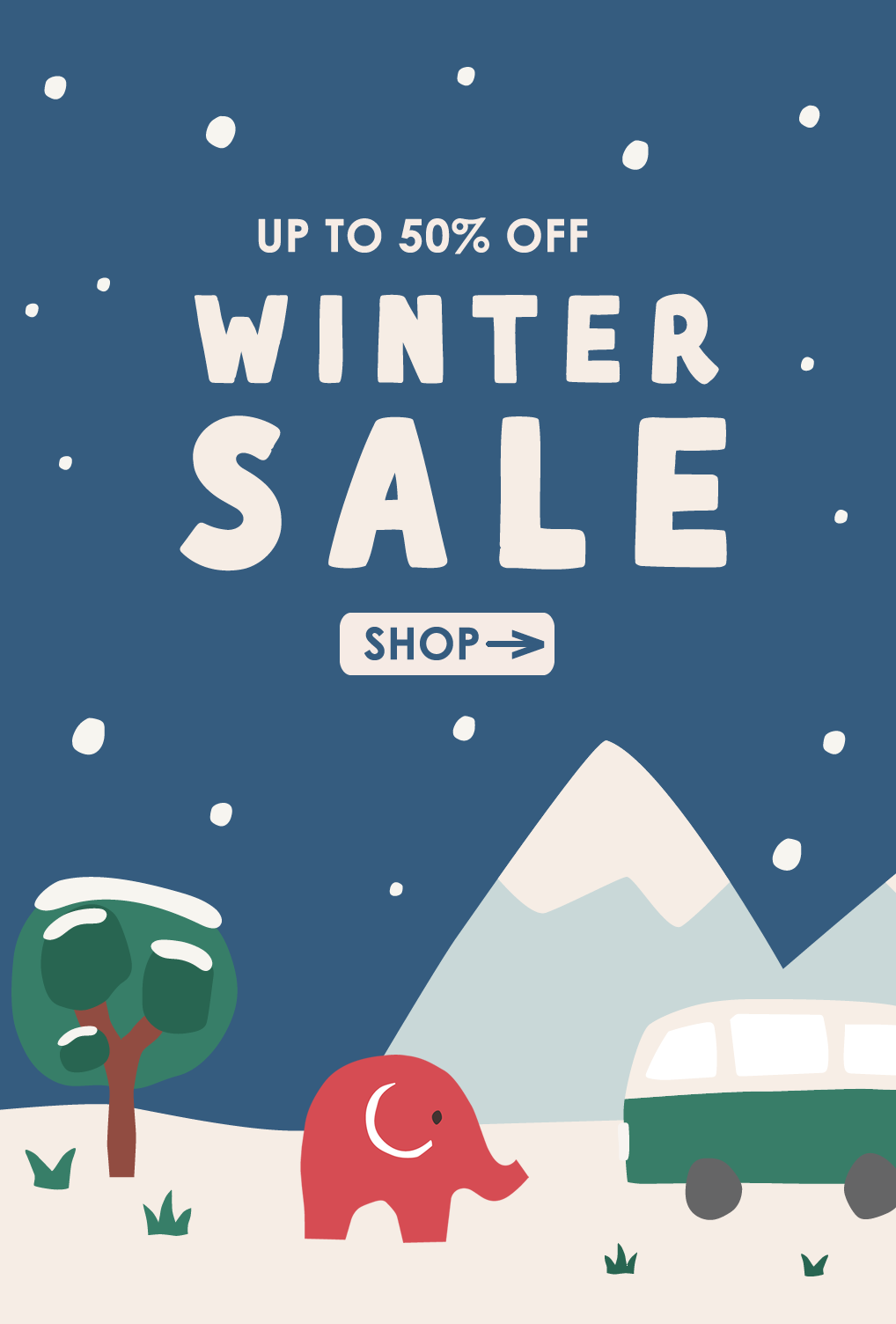 Winter sale advertisement with snowy landscape, elephant, and camper van on a blue background.