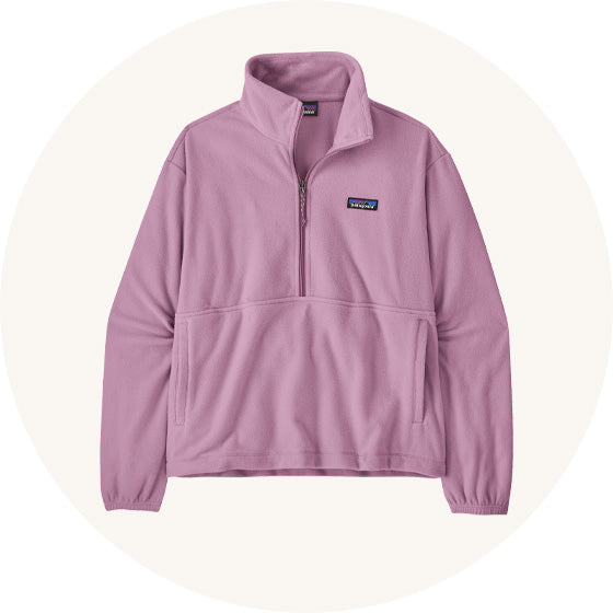 Patagonia Women's Mirco D 1/2 Zip long sleeve Fleece in violet, slightly cropped, made from recycled polyester, to represent women's organic clothing at Babipur. 