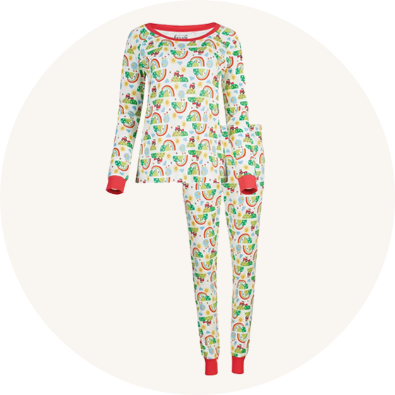 Frugi PJs on cream background to represent women's pyjamas at Babipur.