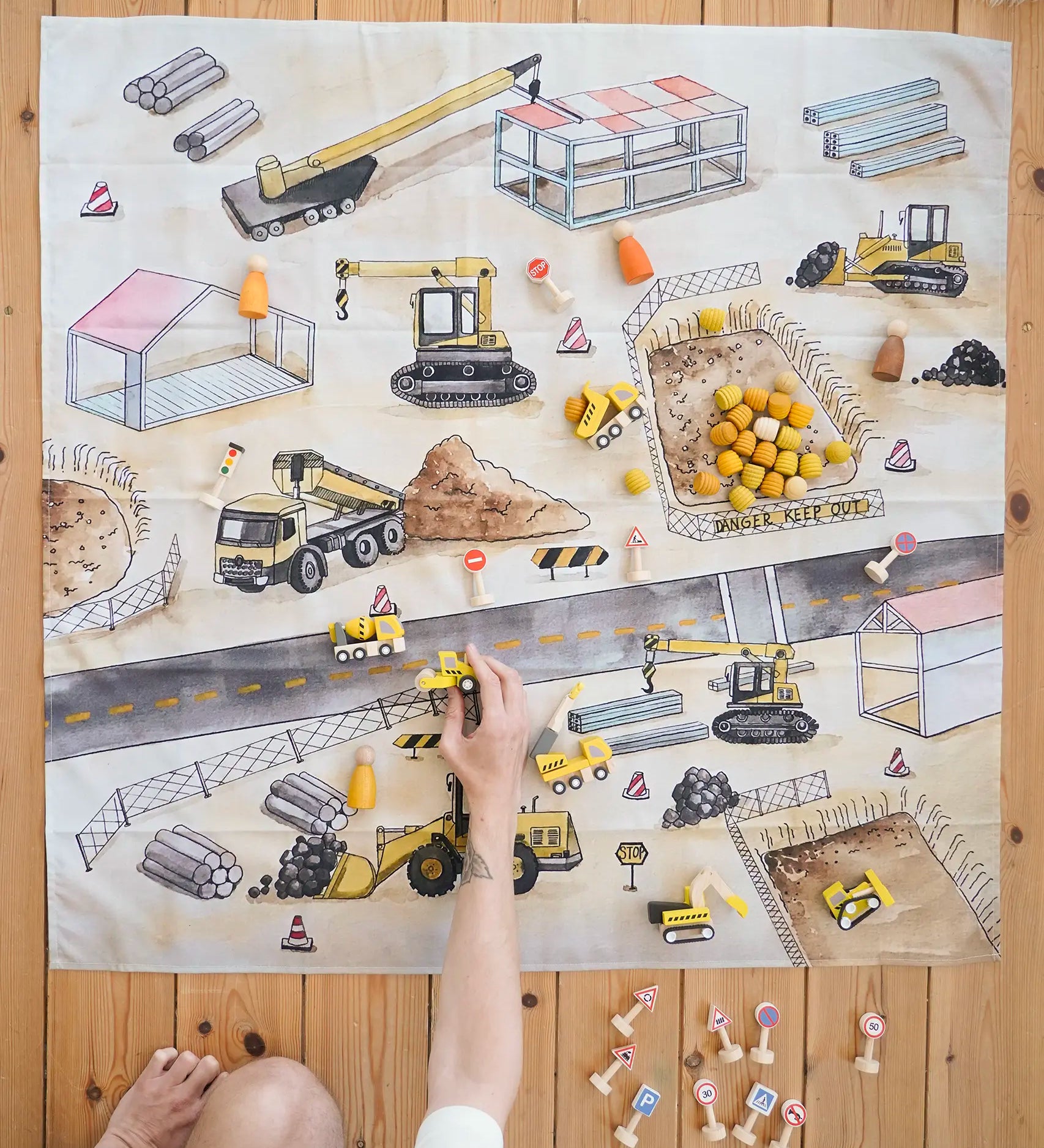 Wonderie Building Site Construction Play Cloth, made from organic cotton, a play base for small world play.