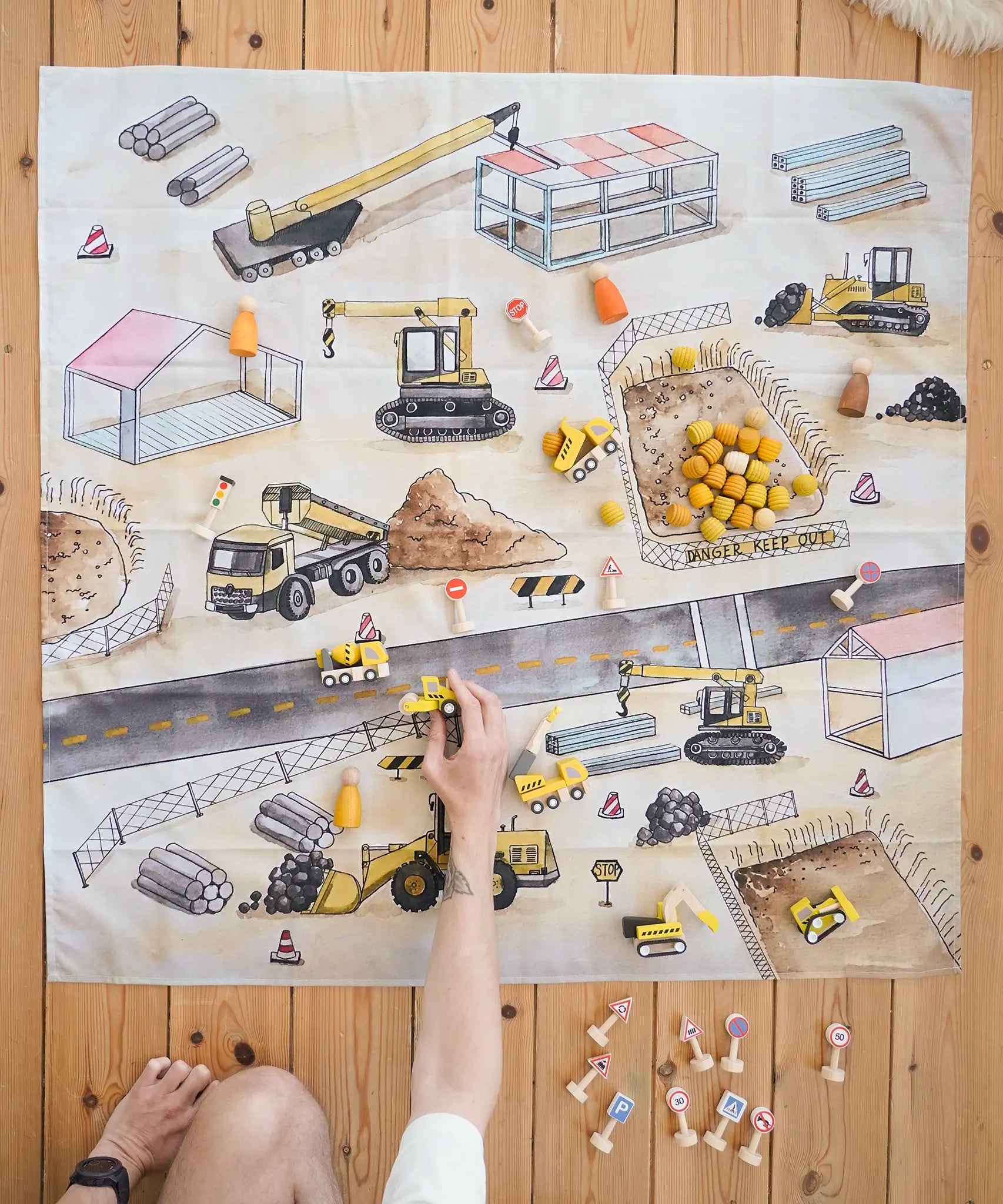 Wonderie Building Site Construction Play Cloth, made from organic cotton, a play base for small world play.
