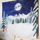 Wonderie Christmas Cotton Play Cloth, One Starry Winter's Night, a frosted forest scene with a full moon and Santa and his sleigh flying through the sky.