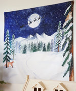 Wonderie Christmas Cotton Play Cloth, One Starry Winter's Night, a frosted forest scene with a full moon and Santa and his sleigh flying through the sky.