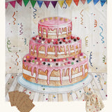 Wonderie cake play cloth, a three tier birthday play cloth with 60 Grapat wooden play food decoration pieces and paper invitations.