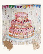 Wonderie cake play cloth, a three tier birthday play cloth with 60 Grapat wooden play food decoration pieces and paper invitations.