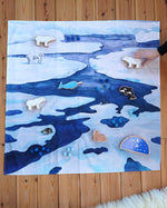 Wonderie Frozen Land organic cotton toy play cloth showing an arctic icy scene, use as a play base, back drop or wall hanging, paired with Lanka Kade figures, for sale at Babipur.
