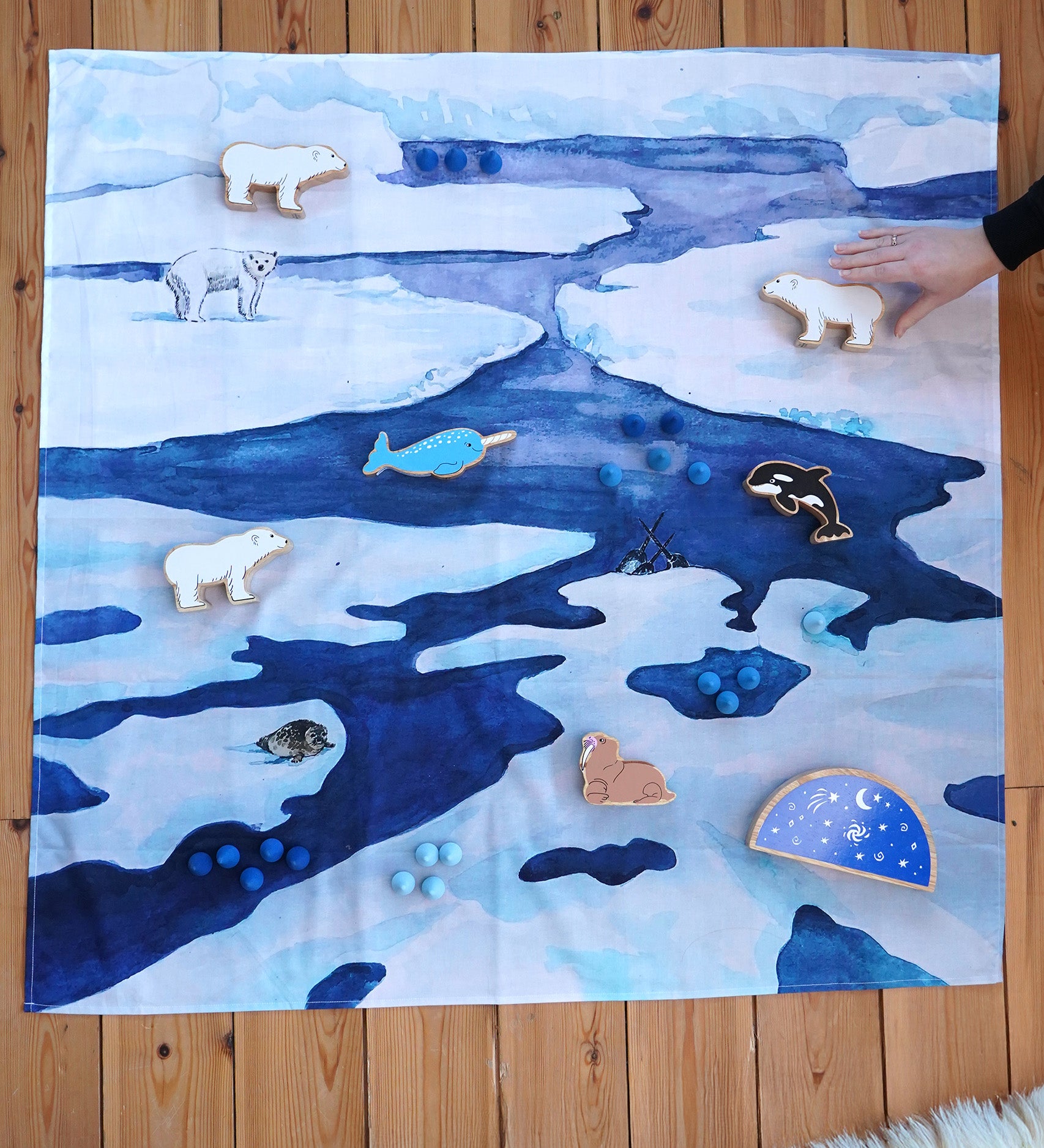 Wonderie Frozen Land organic cotton toy play cloth showing an arctic icy scene, use as a play base, back drop or wall hanging, paired with Lanka Kade figures, for sale at Babipur.
