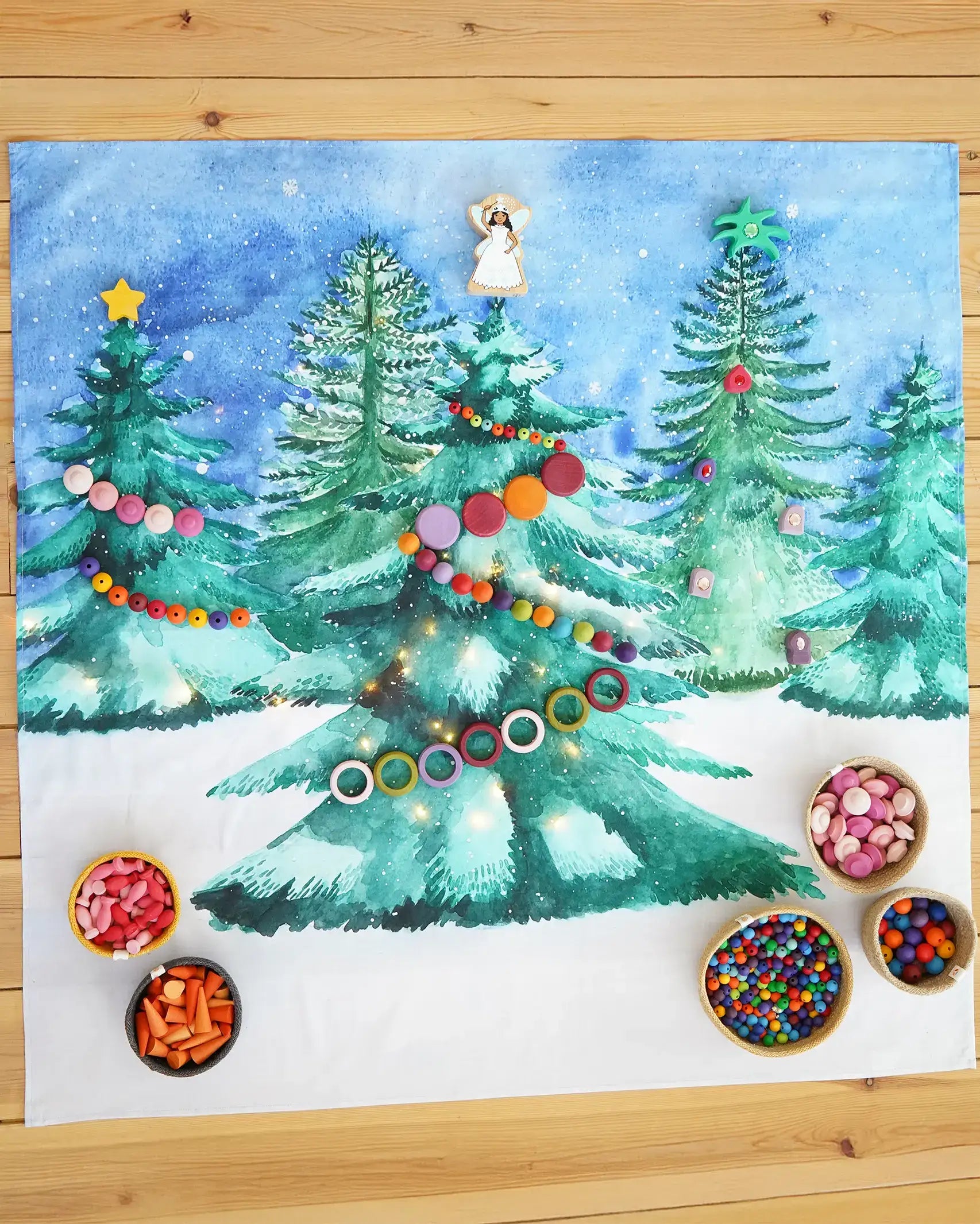Wonderie Christmas Tree play cloth, made from organic cotton, decorated with Grapat coins, rings and Grimm's beads.