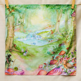 Wonderie Play Cloth featuring the forest of wonders design. Hand illustrated fairytale theme drawings featuring a archer, pixies, mushrooms, river and small pond