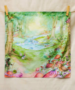 Wonderie Play Cloth featuring the forest of wonders design. Hand illustrated fairytale theme drawings featuring a archer, pixies, mushrooms, river and small pond