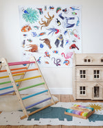 Wonderie-Play-Cloth-Kingdom-Of-Rainbow-Animals-Babipur-Playroom
Wonderie organic cotton Play Cloth Kingdom Of Rainbow Animals on a wall in the Babipur Playroom - use this cloth as a wall hanging, play mat or cape - for sale at Babipur.  