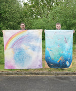 Wonderie cotton play cloth giant magical sky rainbow and into the abyss under water cloth, to be used for play scenes or wall hangings.