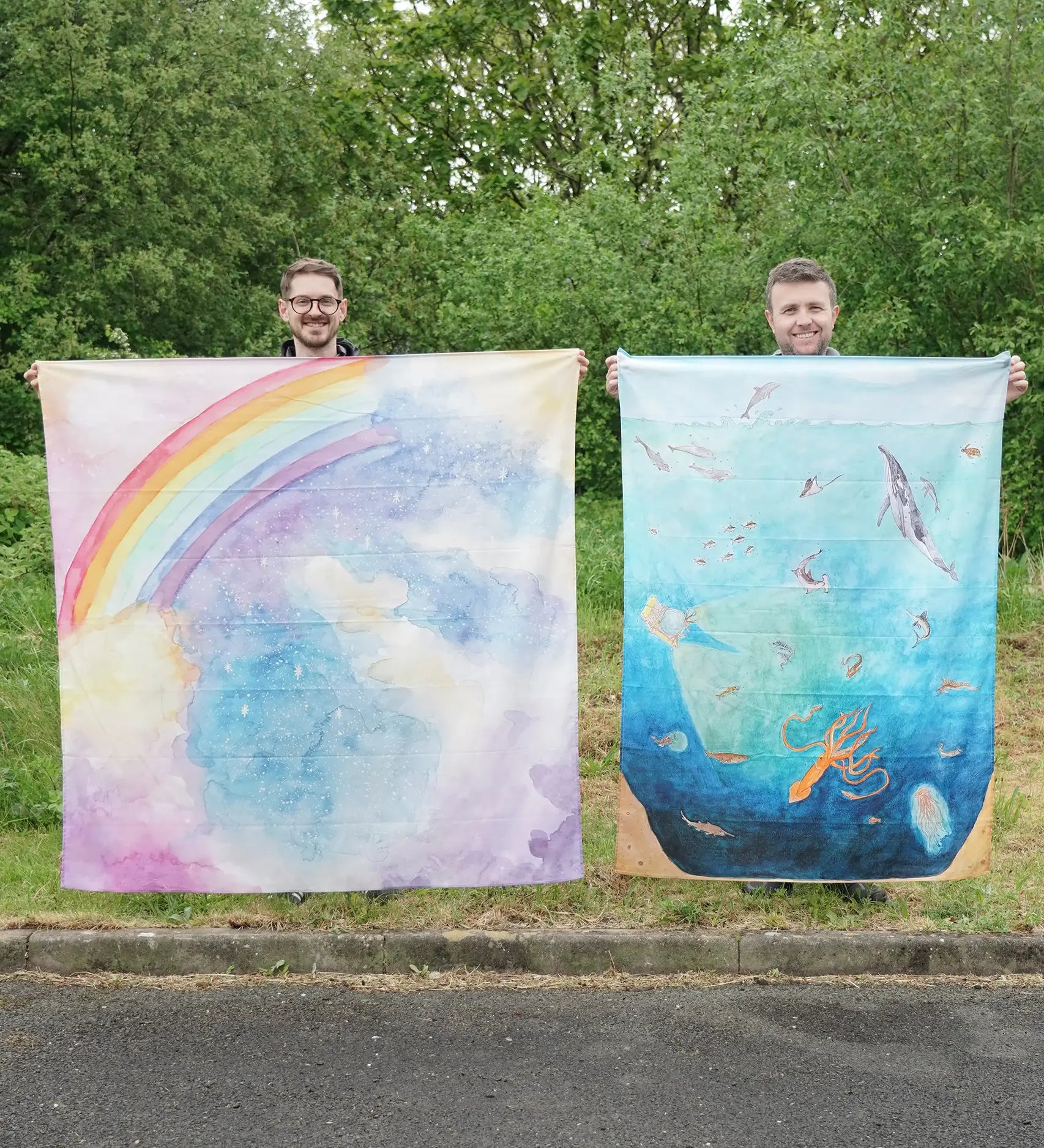 Wonderie cotton play cloth giant magical sky rainbow and into the abyss under water cloth, to be used for play scenes or wall hangings.