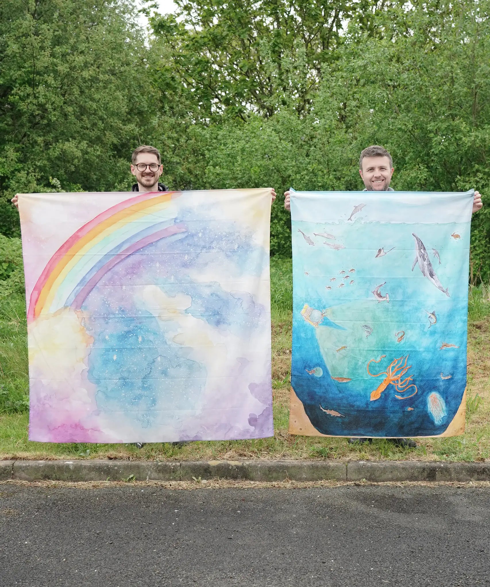 Wonderie cotton play cloth giant magical sky rainbow and into the abyss under water cloth, to be used for play scenes or wall hangings.