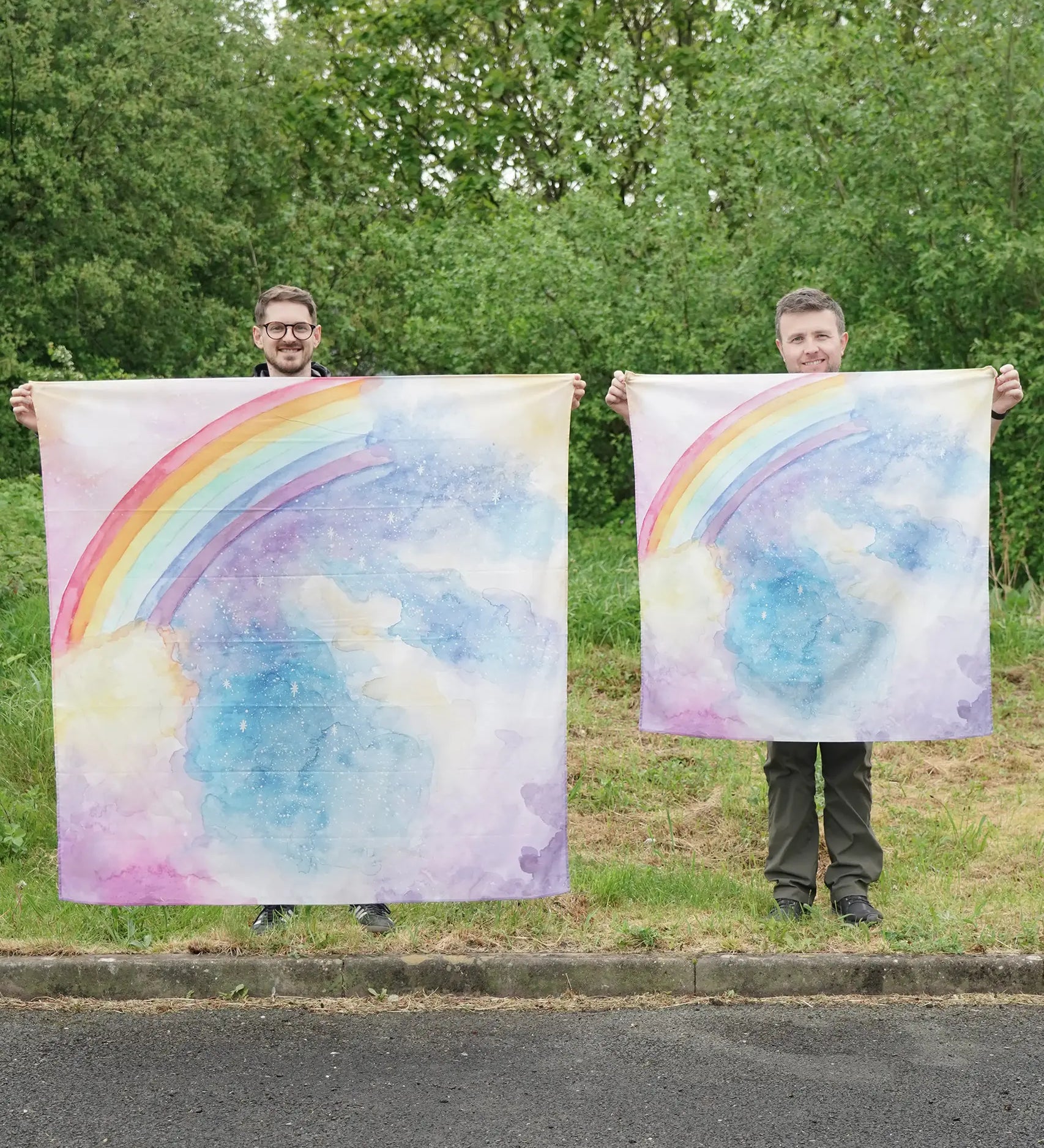 Wonderie cotton play cloths magical sky in giant and standard, with rainbow and pastel sky illustration, for play scene backdrops.