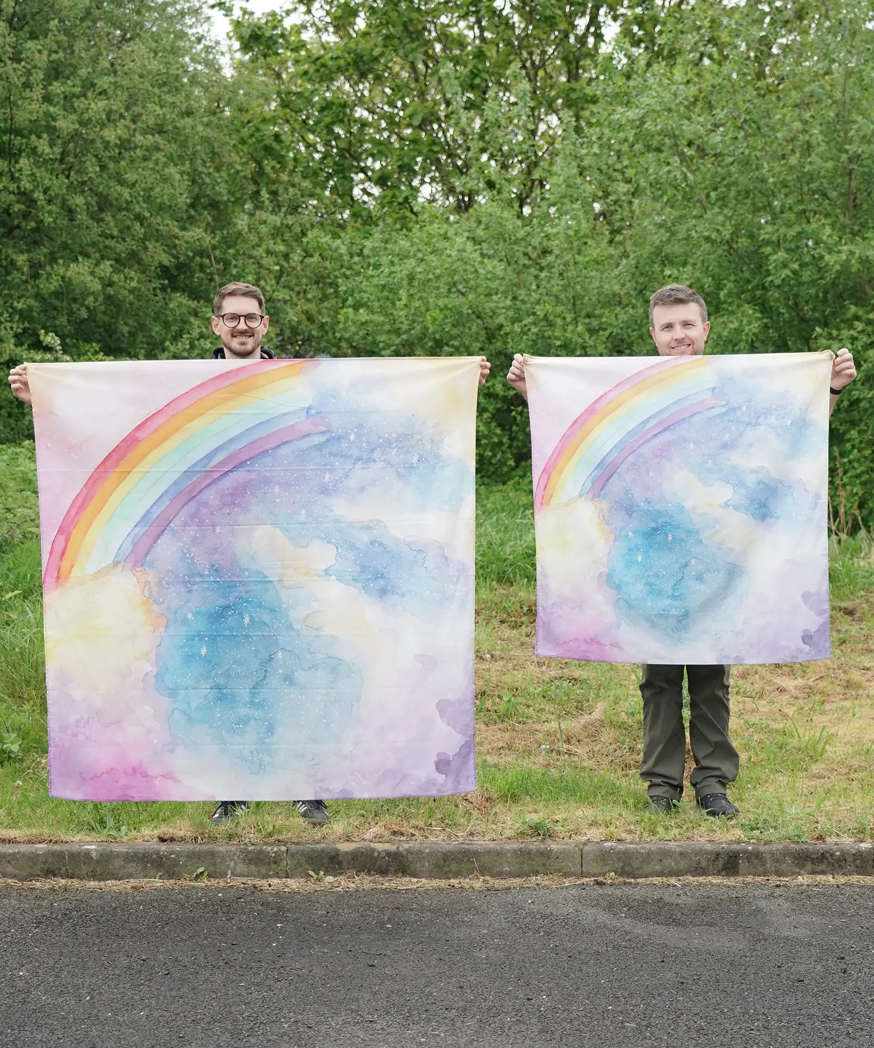 Wonderie cotton play cloths magical sky in giant and standard, with rainbow and pastel sky illustration, for play scene backdrops.