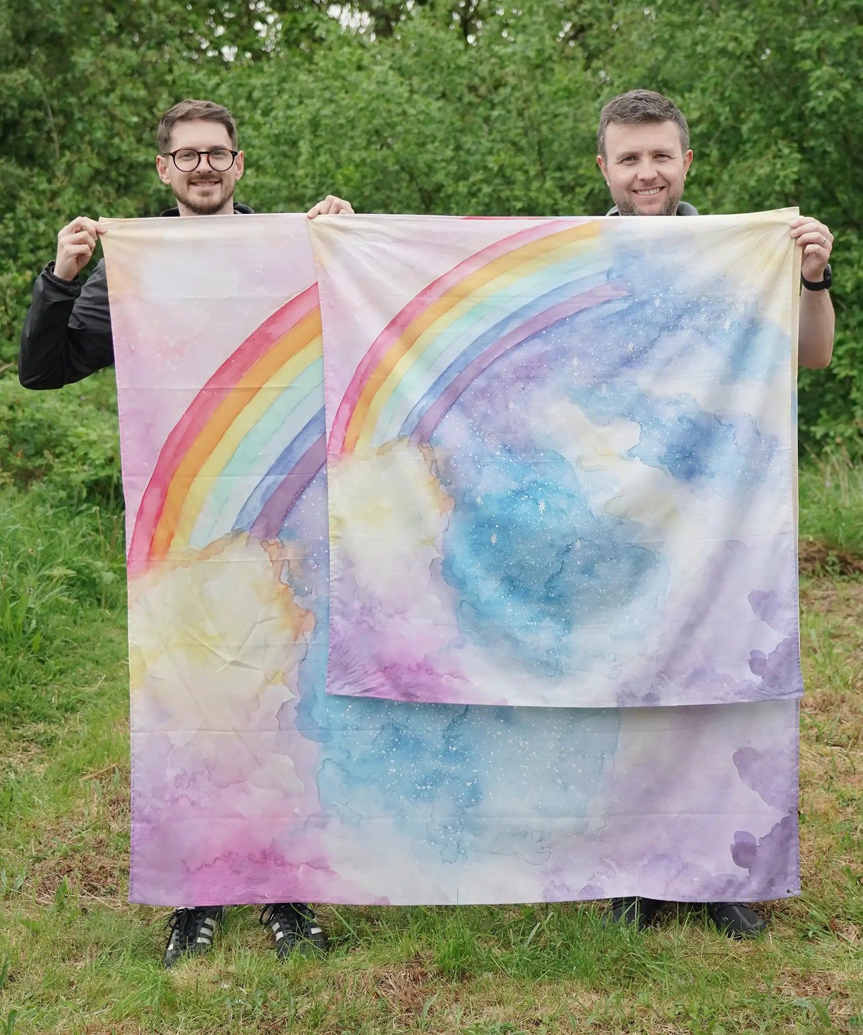 Wonderie magical sky rainbow play cloths in giant and standard size, made from organic cotton.