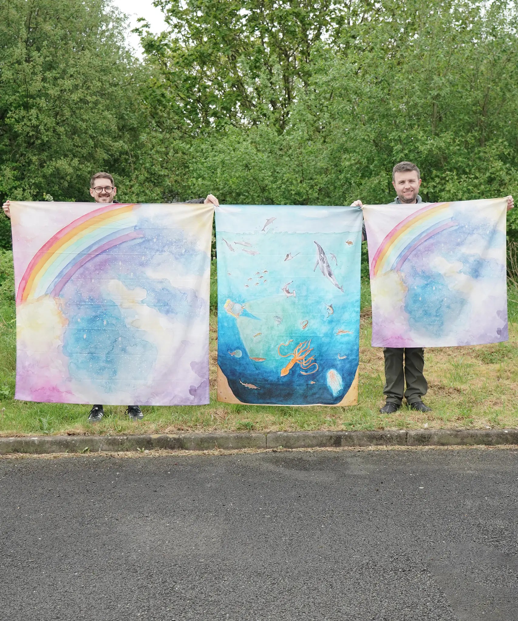 Wonderie cotton play cloths: magical rainbow sky in giant and standard, and into the abyss underwater.