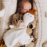 A close up of a baby lying in a basket and holding the Wooly Organic goose heating pad available at Babipur 