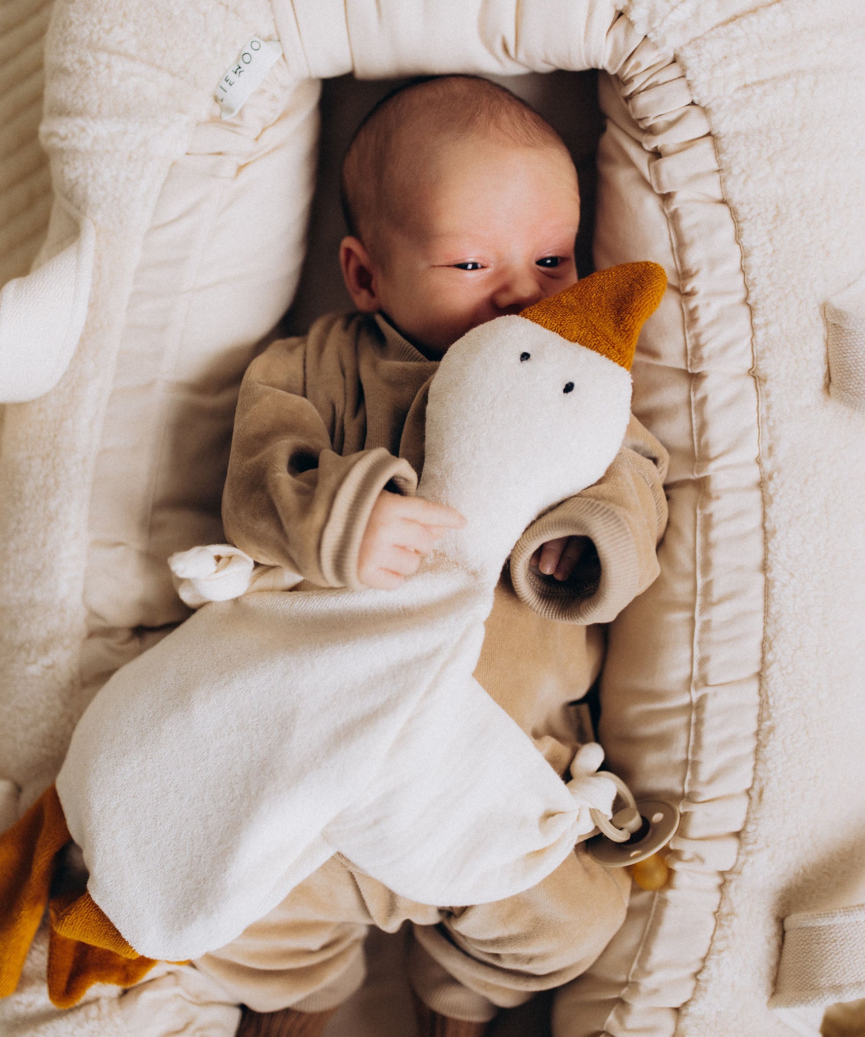 A close up of a baby lying in a basket and holding the Wooly Organic goose heating pad available at Babipur 