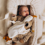 A baby lying in a basket and holding the Wooly Organic goose heating pad available at Babipur with a pacifier tied on the arm