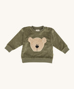 Wooly Organic embroidered sweater in tea leaf /savannah available at Babipur. A soft GOTS organic cotton jersey sweater in light green with a cute fluffy cream teddy bear on the front. Features popper fasteners on the shoulder for a easy fit