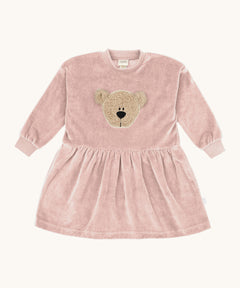 Wooly Organic embroidered velour dress in pale blush pink /savannah available at Babipur. A soft GOTS organic cotton velour sweater in light pink with a cute fluffy cream teddy bear on the front and elasticated arm cuffs 
