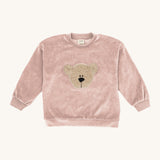 Wooly Organic embroidered velour sweater in pale blush pink /savannah available at Babipur. A soft GOTS organic cotton velour sweater in light pink with a cute fluffy cream teddy bear on the front.