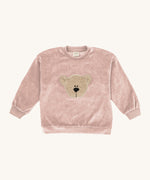 Wooly Organic embroidered velour sweater in pale blush pink /savannah available at Babipur. A soft GOTS organic cotton velour sweater in light pink with a cute fluffy cream teddy bear on the front.