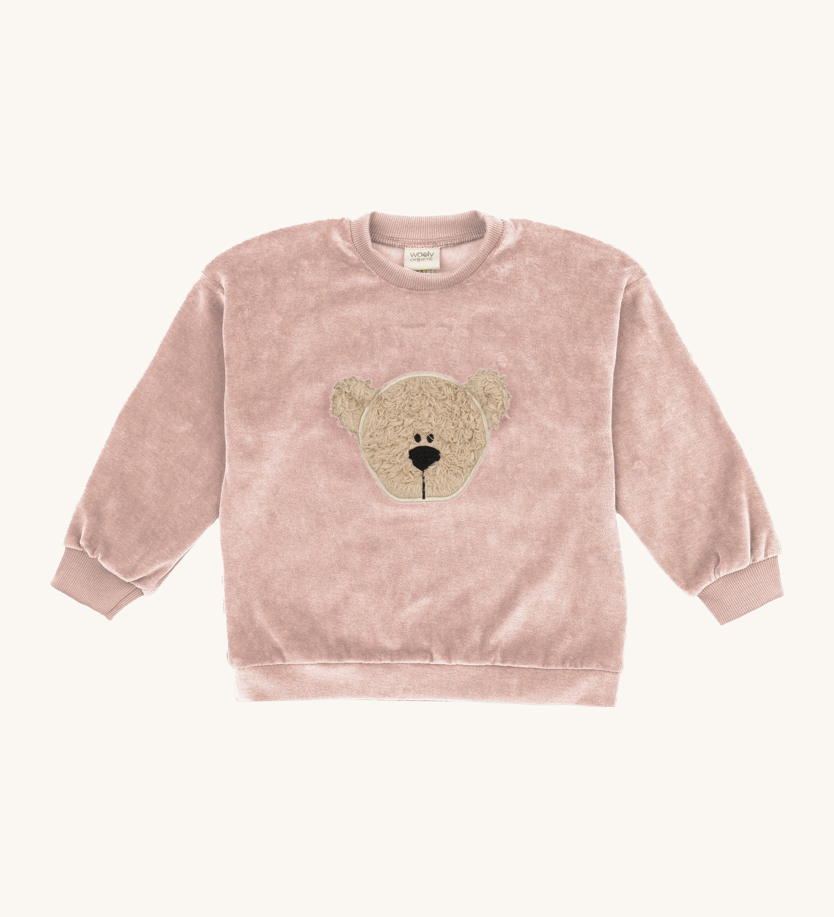 Wooly Organic embroidered velour sweater in pale blush pink /savannah available at Babipur. A soft GOTS organic cotton velour sweater in light pink with a cute fluffy cream teddy bear on the front.