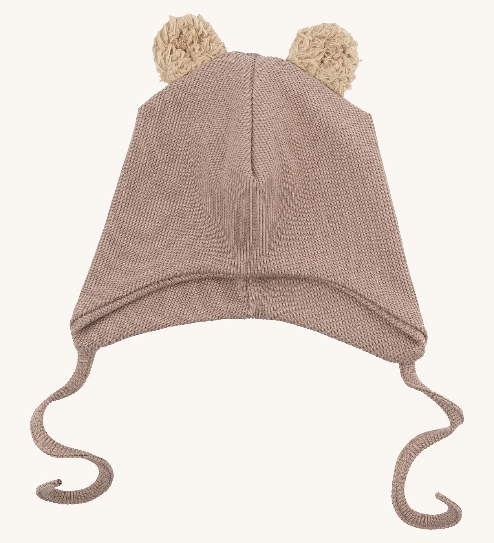Wooly Organic hat with teddy ears in pale blush / savannah available at Babipur. A light pink GOTS organic hat in a soft ribbed style. Features ties and cute fluffy brown teddy bear ears