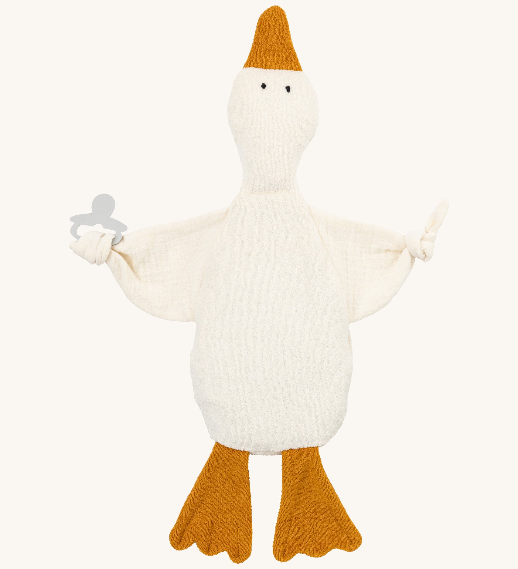 Wooly Organic goose heating pad available at Babipur. A organic cotton heating pad with playful facial. Features ties on each arm to hold a pacifier