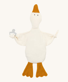 Wooly Organic goose heating pad available at Babipur. A organic cotton heating pad with playful facial. Features ties on each arm to hold a pacifier