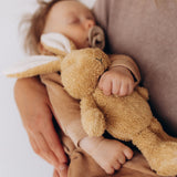 Baby holding a teddy bear with a blurred background