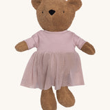 Wooly Organic soft teddy bear in caramel brown with a pink tutu available at Babipur. 