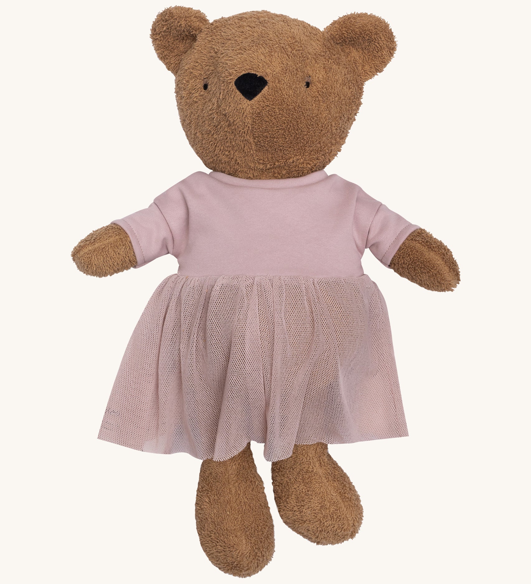 Wooly Organic soft teddy bear in caramel brown with a pink tutu available at Babipur. 