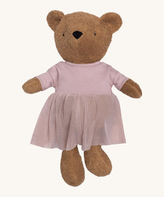 Wooly Organic soft teddy bear in caramel brown with a pink tutu available at Babipur. 