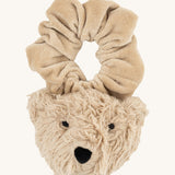 Wooly Organic velour scrunchy in cream with a cute fluffy teddy attached in matching colour available at Babipur. 