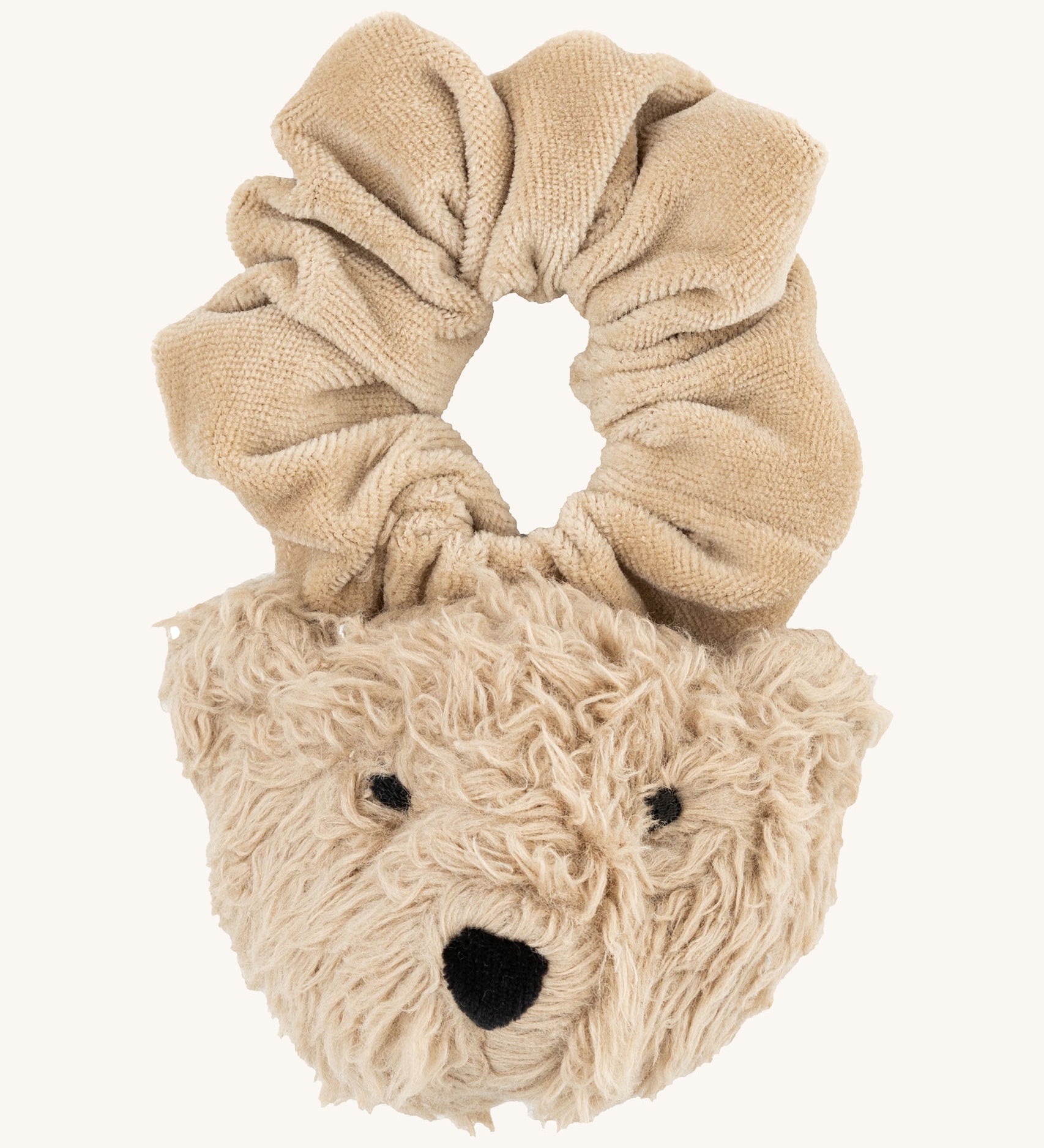Wooly Organic velour scrunchy in cream with a cute fluffy teddy attached in matching colour available at Babipur. 
