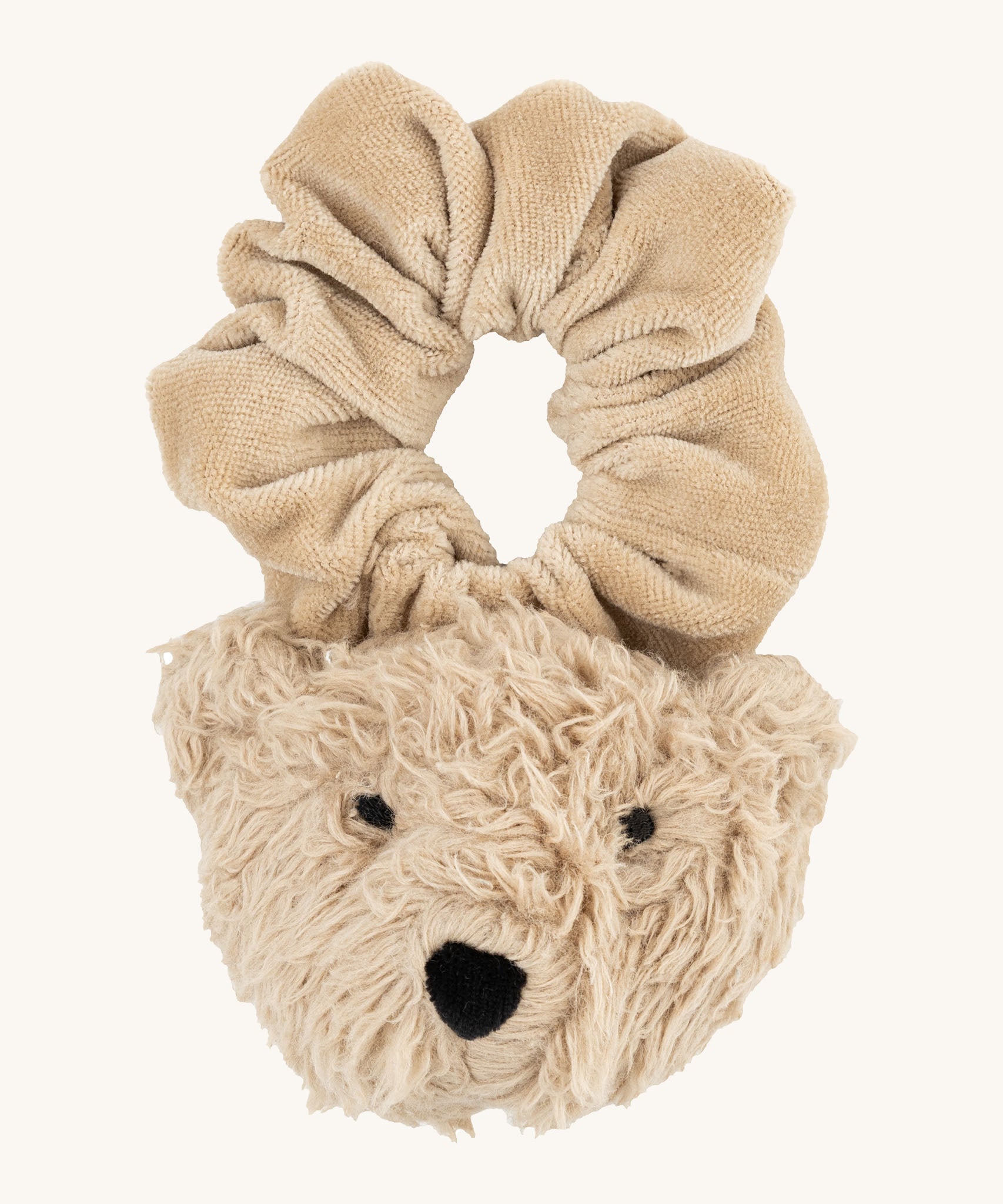 Wooly Organic velour scrunchy in cream with a cute fluffy teddy attached in matching colour available at Babipur. 
