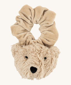 Wooly Organic velour scrunchy in cream with a cute fluffy teddy attached in matching colour available at Babipur. 