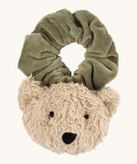 Wooly Organic velour scrunchy in olive green with a cute fluffy teddy attached in a cream colour available at Babipur. 