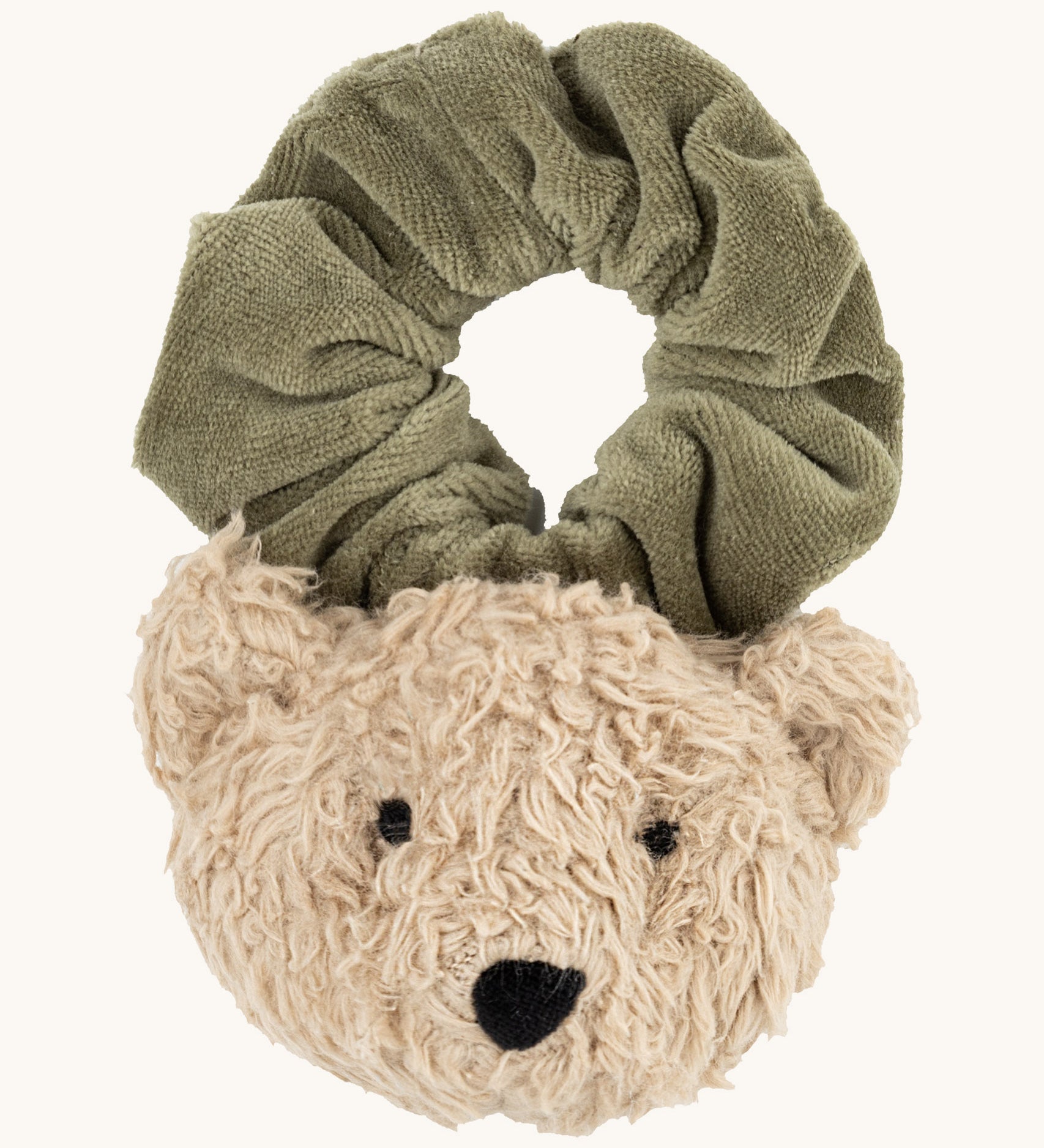 Wooly Organic velour scrunchy in olive green with a cute fluffy teddy attached in a cream colour available at Babipur. 