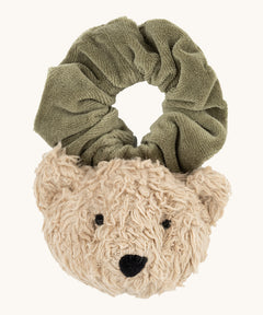 Wooly Organic velour scrunchy in olive green with a cute fluffy teddy attached in a cream colour available at Babipur. 