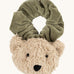 Wooly Organic velour scrunchy in olive green with a cute fluffy teddy attached in a cream colour available at Babipur. 